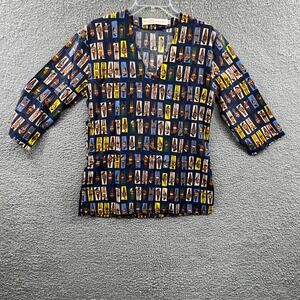 Womens Novelty Sunbather Print Top XS Navy Beach Artsy Resort Coastal Whimsical